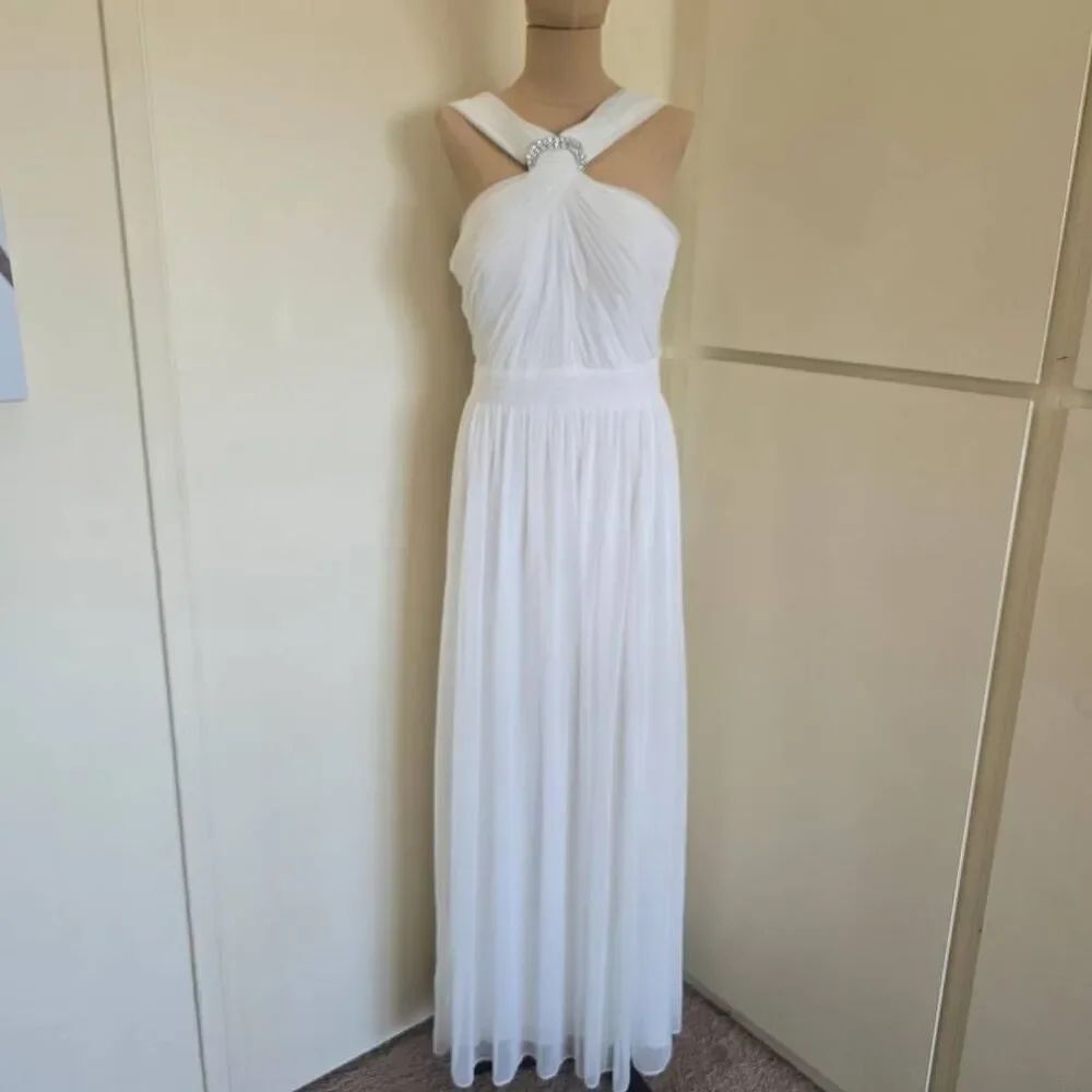 Alex Evenings Wht Mesh Halter Style Grecian Gown Rhinestone Brooch@Neck, NWT,10